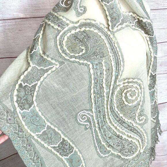 Wool Embroidered Paisley Shawl Wrap in Gray and Cream with Sequins - Picture 8 of 12
